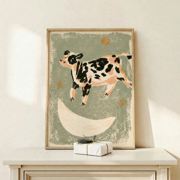 Retro folk art print showing a playful cow jumping against a night sky with moon and celestial elements, featuring warm earth tones and a cottagecore-inspired whimsigoth design.