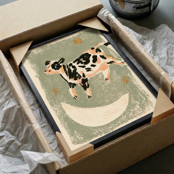 Whimsical farmhouse wall art featuring a cow soaring over a crescent moon in a retro folk style, with warm neutral tones and celestial details creating a dreamy, timeless mood.