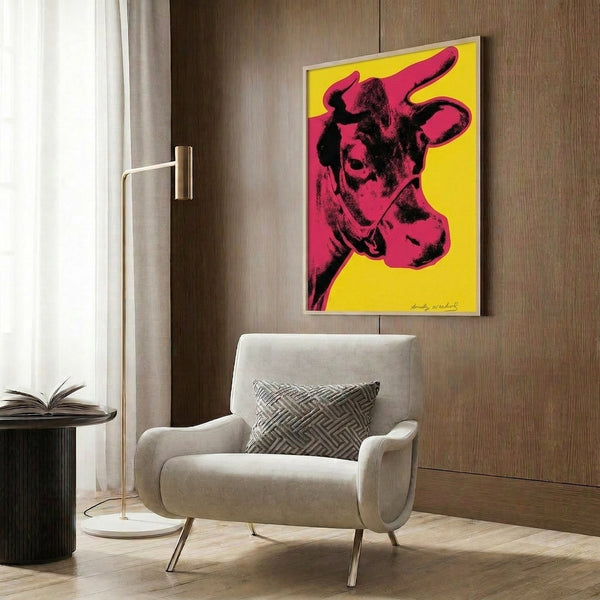 Modern pop art framed poster featuring a red cow form against contrasting golden yellow, creating visual impact.