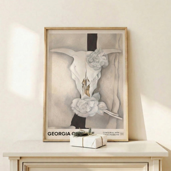 Abstract floral and skull composition in cream and gray hues, featuring intricate rose details in a serene, wabi-sabi aesthetic framed on a wall.