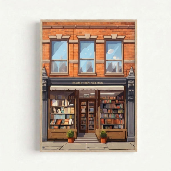Modern retro art print showing a charming bookstore facade in warm orange brick with wooden details, potted plants, and a peaceful reading room aesthetic in muted earth tones.
