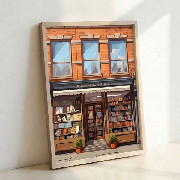 Wall art depicting a quaint bookstore entrance with sage green plants, cream-colored trim, and warm brick in a minimalist japandi style that feels inviting and literary.