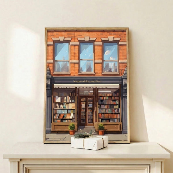 Vintage-inspired poster of a cozy bookstore storefront rendered in soft blues, warm oranges, and natural wood tones with potted greenery framing the windows.