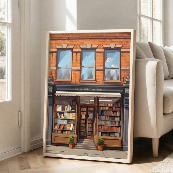 Minimalist framed print of a nostalgic bookstore building with arched windows, warm brick walls, and peaceful plant-lined entryway in soothing earth tone palette.