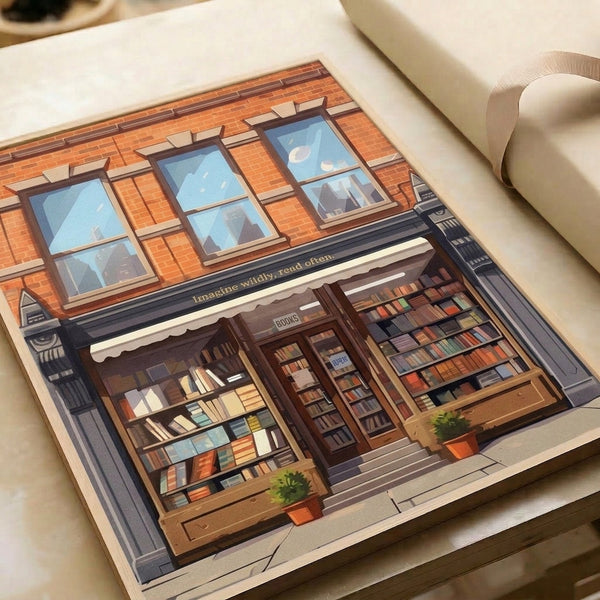 Framed art showing a literary bookstore storefront in warm brick orange with elegant windows and green plant details, rendered in a calm minimalist aesthetic perfect for reading spaces.