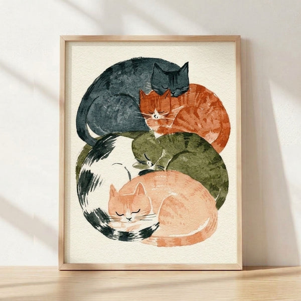 Watercolor painting of sleeping cats nestled together in soft warm ochre, sage green, and cream tones with delicate line art details, framed as a wall poster.