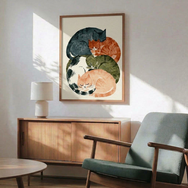 Whimsical watercolor and line art composition of dreaming cats rendered in warm ochre and sage green hues, hung as a framed poster.