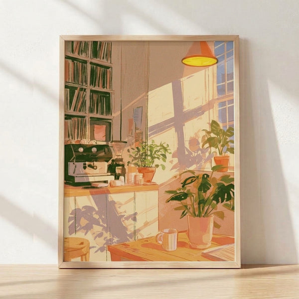Minimalist Japandi-style poster depicting a serene kitchen corner with a coffee maker, potted plants, and bookshelf bathed in soft window light, rendered in warm beige, terracotta, and forest green tones.