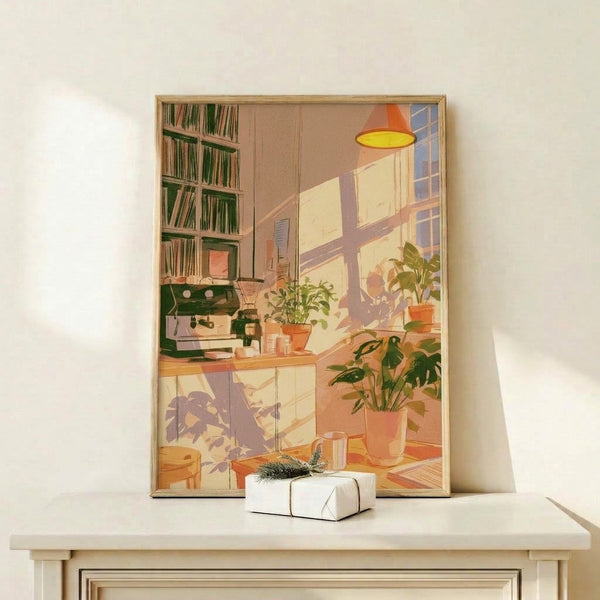 Calm, contemplative wall art showing a sunlit coffee bar nook with plants, a glowing lamp, and coffee cup in a modern minimalist aesthetic featuring muted purples, warm yellows, and natural earth tones.
