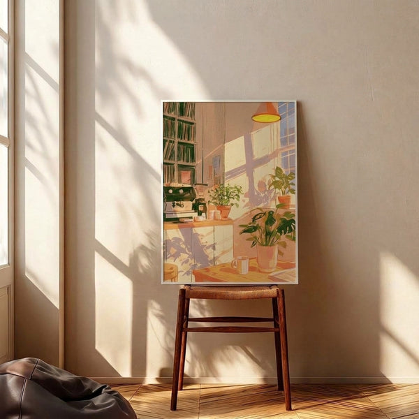 Japandi kitchen art print capturing a tranquil coffee corner with books, plants, and ambient window light in a minimalist style using a harmonious palette of warm neutrals and muted forest green.