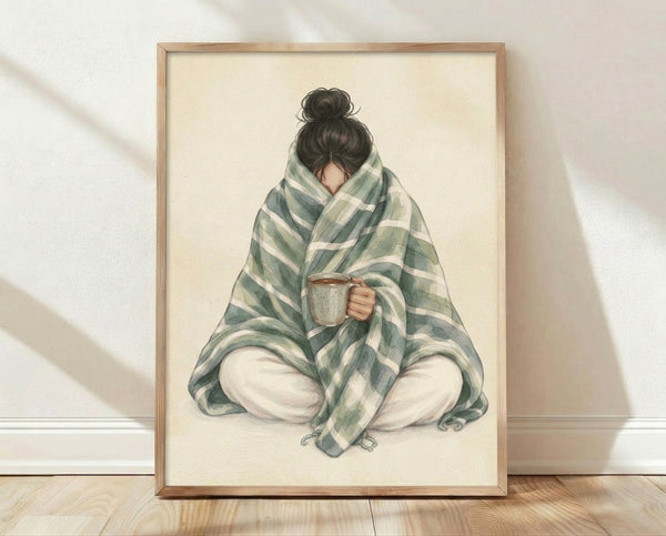 Watercolor and line art portrait of a woman wrapped in a cozy blanket holding a warm mug, rendered in soft cream, sage green, and warm brown tones.