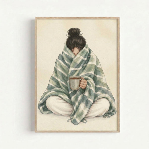 Framed watercolor print featuring a peaceful woman cradling a coffee mug while draped in a woven blanket, with gentle gray and cream palette.