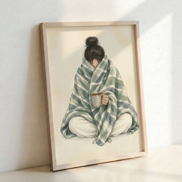 Introspective watercolor artwork showing a serene figure wrapped in a blanket savoring a hot drink, blending soft line work with warm, muted colors.