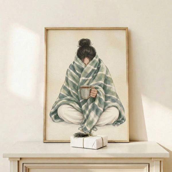 Cozy watercolor and ink illustration of a woman holding a steaming mug beneath a draped blanket, in tranquil sage green and brown hues.