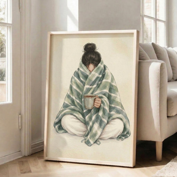 Soft watercolor portrait of a peaceful woman cozied up with a coffee mug and blanket, combining gentle line art in cream and warm earth tones.