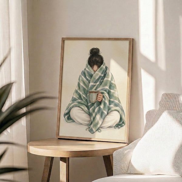 Warm watercolor painting of a calm figure wrapped in a blanket enjoying a hot beverage, framed wall art in soothing green and gray shades.