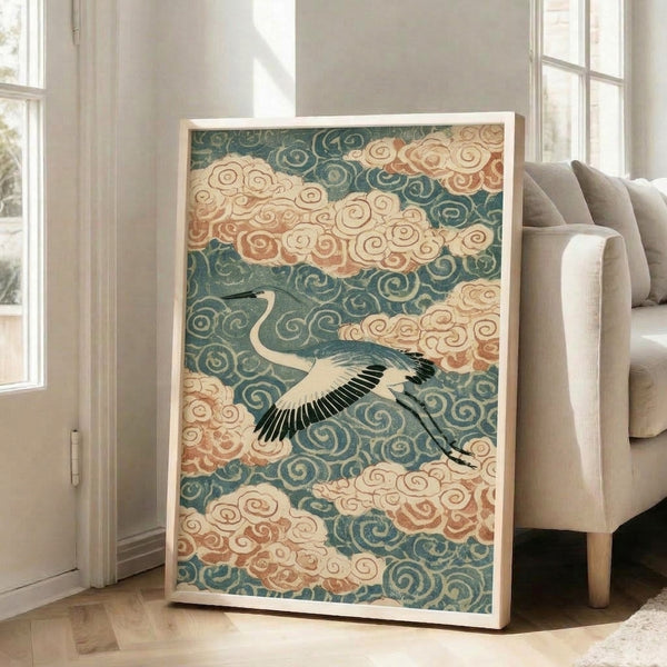 Vintage-style crane art featuring a graceful bird soaring through stylized clouds in a Japanese woodblock aesthetic, with a contemplative palette of teal, cream, rust, and gold accents.