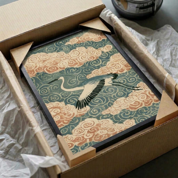 Japanese woodblock-inspired crane print depicting the bird in graceful motion amid layered clouds, showcasing a tranquil mood through teal, cream, rust, gold, and black artistic elements.