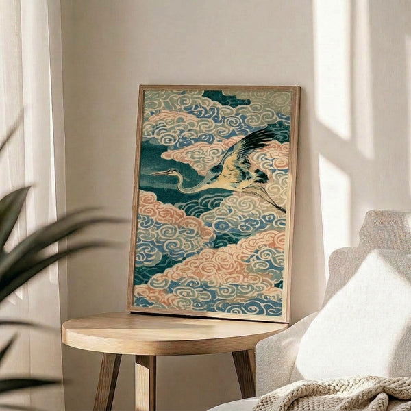 Elegant ukiyo-e style poster of a contemplative crane surrounded by flowing clouds in muted teals and creams, displayed as a framed art print with soft gold and coral details.