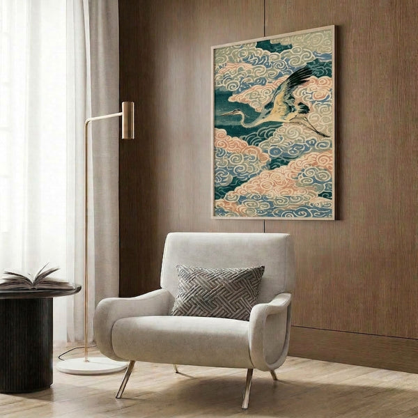 Serene framed art print showcasing a crane amid clouds in traditional Japanese ukiyo-e aesthetic, featuring an elegant color composition of teal, coral, soft blues, cream, and delicate gold tones.