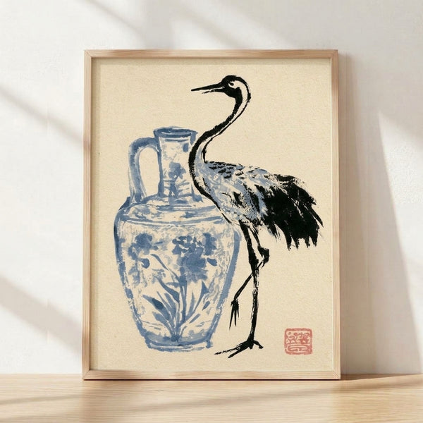 Serene minimalist ink wash painting of a graceful crane standing beside a blue and white porcelain vase on cream background, framed wall art in Japandi style.