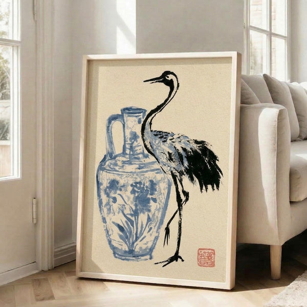 Elegant Japanese-inspired artwork featuring a contemplative crane next to a slate blue ceramic vessel, rendered in traditional ink technique with red accents.