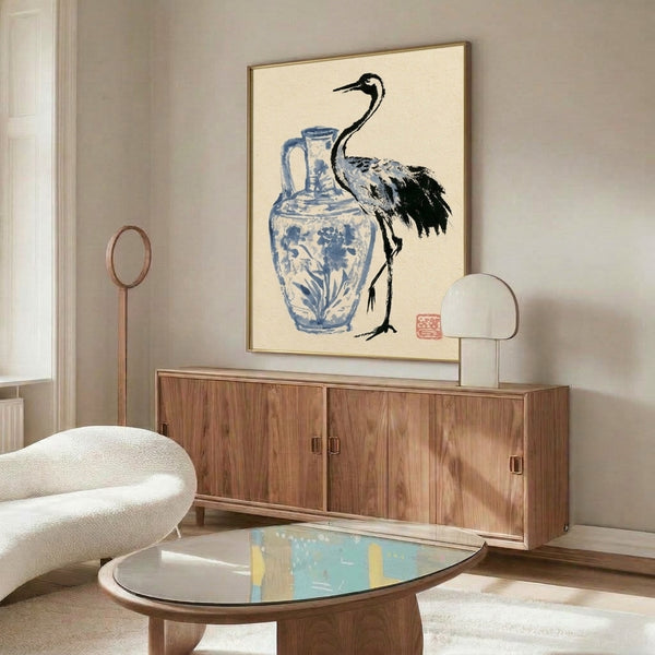 Minimalist framed poster showcasing a graceful crane beside an indigo vase in Japanese woodblock aesthetic, combining serene elegance with cultural sophistication.