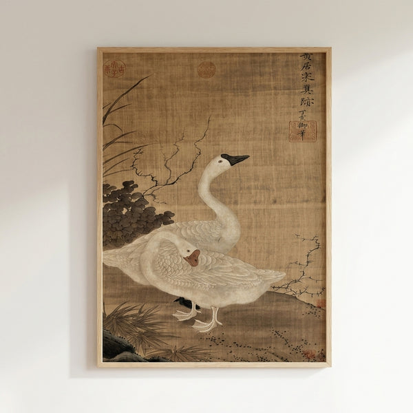 Two cranes study with delicate brushwork and botanical elements, rendered in traditional Japanese style with earthy ochre and black palette on cream background.