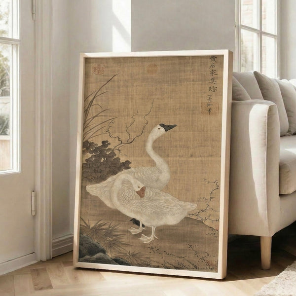 Japanese bird art print depicting two cranes amidst reeds in soft beige and brown hues, capturing the serene mood of traditional Edo period aesthetics.