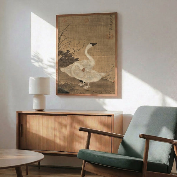 Framed poster of intricately detailed cranes and plants in Japanese woodblock style, rendered with cream, black, and ochre tones in tranquil composition.