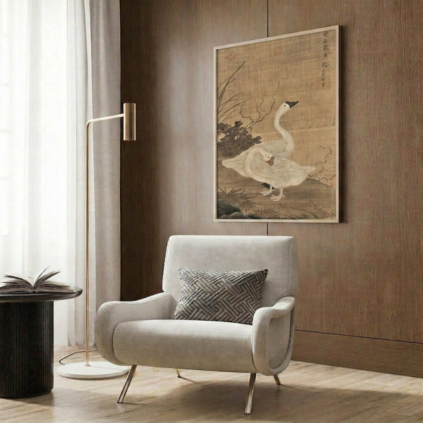 Two cranes among botanical elements in muted, naturalistic tones frame this serene Japanese study, blending birds and vegetation with refined elegance.