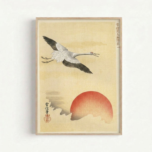 Serene framed poster art featuring an elegant crane soaring above a crimson sun, executed in traditional Japanese woodblock style with calming neutral palette.