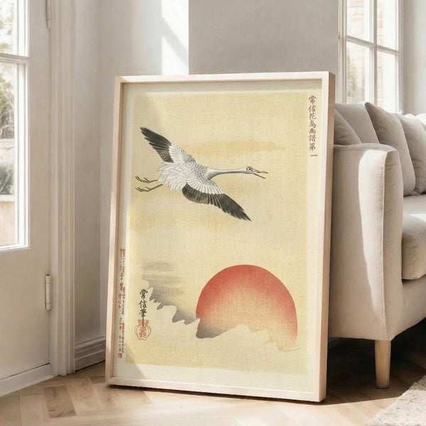 Contemplative Zen art print of a crane ascending toward a burning red orb, rendered in muted cream and gray with traditional Japanese woodblock technique.