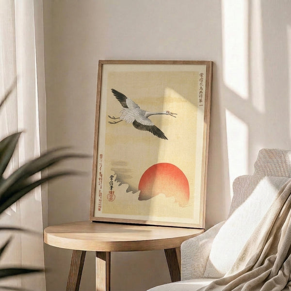 Red sun and crane woodblock-style print in cream, black, and gray; a tranquil, auspicious artwork for minimalist and Zen-inspired interiors.