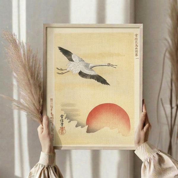 Elegant crane silhouette ascending above a fiery red sun, this framed poster blends Japanese artistic tradition with serene, contemplative mood.