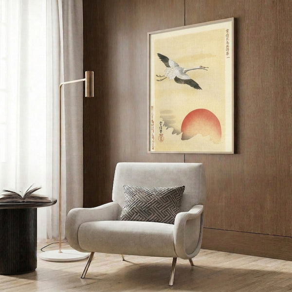 Japanese woodblock art featuring an ascending crane and crimson sun on a cream ground, a framed poster conveying auspiciousness and tranquility.