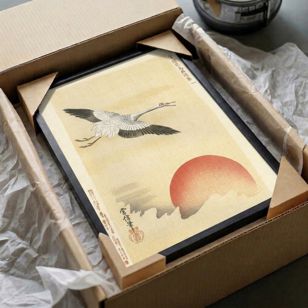 Contemplative Japanese crane artwork with a radiant red sun, framed poster in neutral cream and gray tones, evoking Zen garden tranquility.