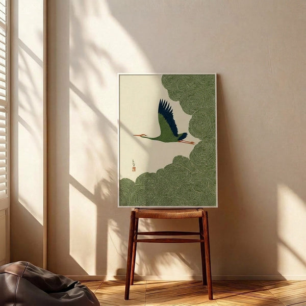 Cream and forest green Japanese-inspired poster featuring an elegant crane amid floating clouds, minimalist wabi sabi design in calm woodland palette.
