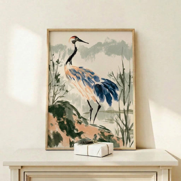 Contemplative Japandi art print featuring a solitary crane in a misty landscape with mountains and water, painted in muted cream, charcoal, and soft sage tones.