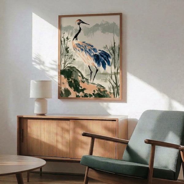 Zen-inspired wall poster showing a wading crane in a minimalist misty mountain wetland scene, combining soft greens, charcoal strokes, and subtle coral-orange details in a meditative composition.