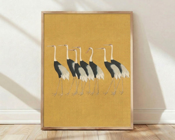 Seven cranes in gold and black Japanese woodblock style on cream background, serene and meditative wall art in japandi aesthetic.