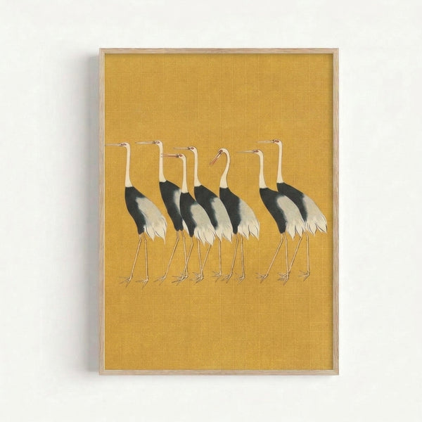 Minimalist crane composition with gold leaf accents and black linework, inspired by traditional Japanese woodblock printmaking.