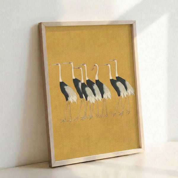 Framed poster featuring seven elegantly posed cranes in cream, gold, and tan tones with zen-inspired japandi design sensibility.