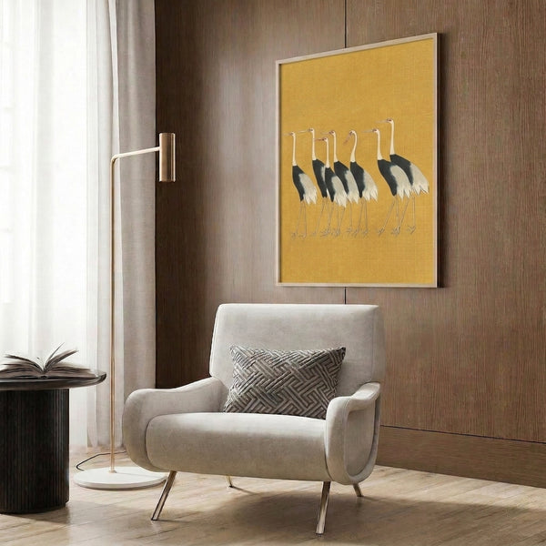 Elegant crane artwork in gold, cream, and black tones with Japanese woodblock aesthetic, conveying calm and tranquility.