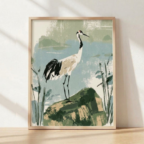 Framed minimalist poster of a crane standing on a rocky shore surrounded by reeds, rendered in soft sage green, pale blue, and cream tones with black accents in a serene Japandi style.