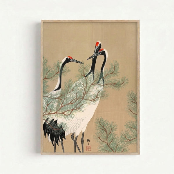 Elegant Japandi art print showing a graceful crane beside pine foliage in traditional woodblock style, combining cream and black with earthy brown and green hues.
