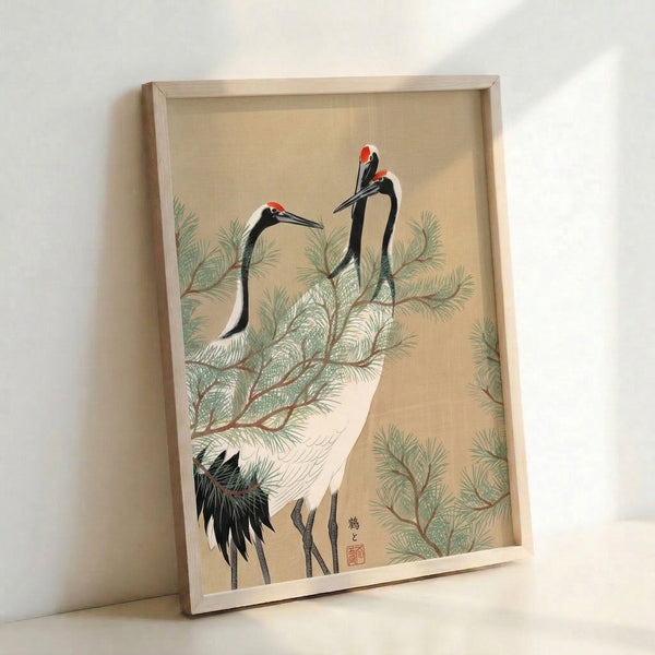 Auspicious crane and pine woodblock artwork in muted cream and black with subtle red and green, displayed as a framed poster with zen garden aesthetic.