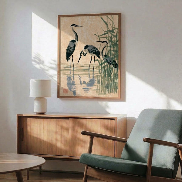 Naturalistic Japanese woodblock-style poster showing a solitary bird in a wetland setting with delicate bamboo vegetation, executed in soft charcoal and sage green tones.
