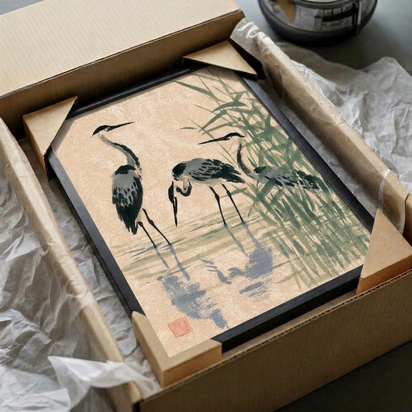 Elegant framed sumi-e print featuring a heron poised in a tranquil marsh landscape with bamboo growth, using restrained charcoal, slate blue, and cream palette.