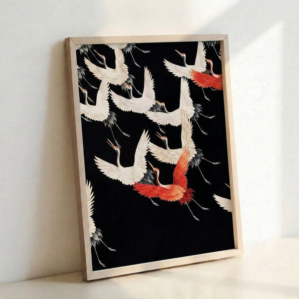 Japandi-inspired poster art showcasing multiple cranes with delicate wings spread, executed in classic woodblock print style with black, cream, and coral red palette.
